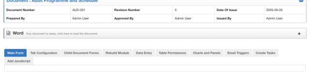 Current module configuration with Tab Configuration, Child Document Forms, Rebuild Module and operational settings. Current module configuration with Tab Configuration, Child Document Forms, Rebuild Module and operational settings.