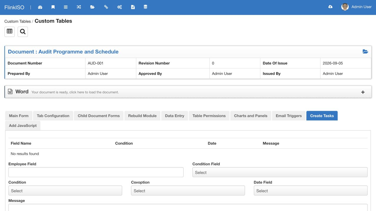 Konfiguration der Prüfaufgaben Current Create Tasks Panel für das Auditprogramm und das Zeitplanmodul