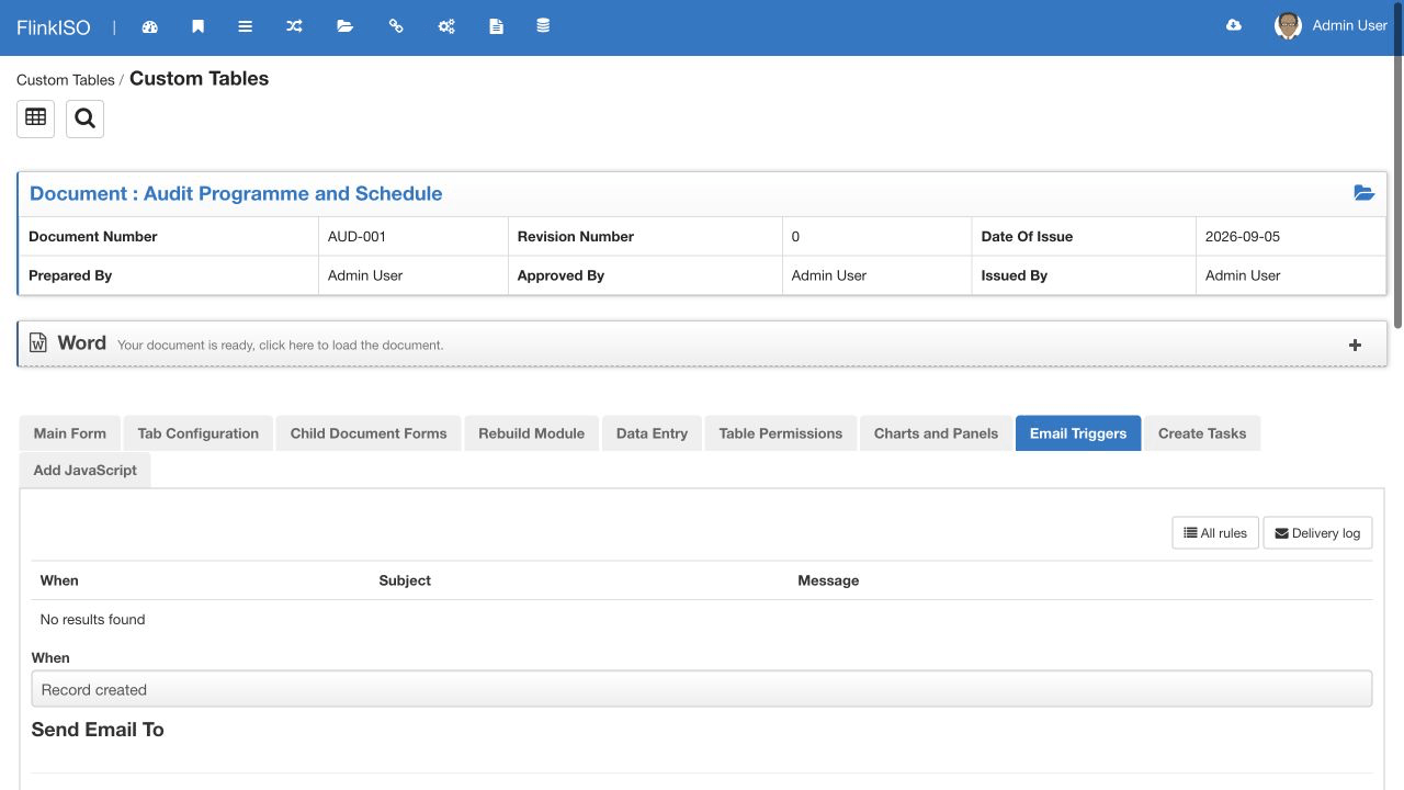 Konfiguration des Prüf-E-Mail-Triggers Aktuelles E-Mail-Trigger-Panel für das Auditprogramm und das Zeitplanmodul