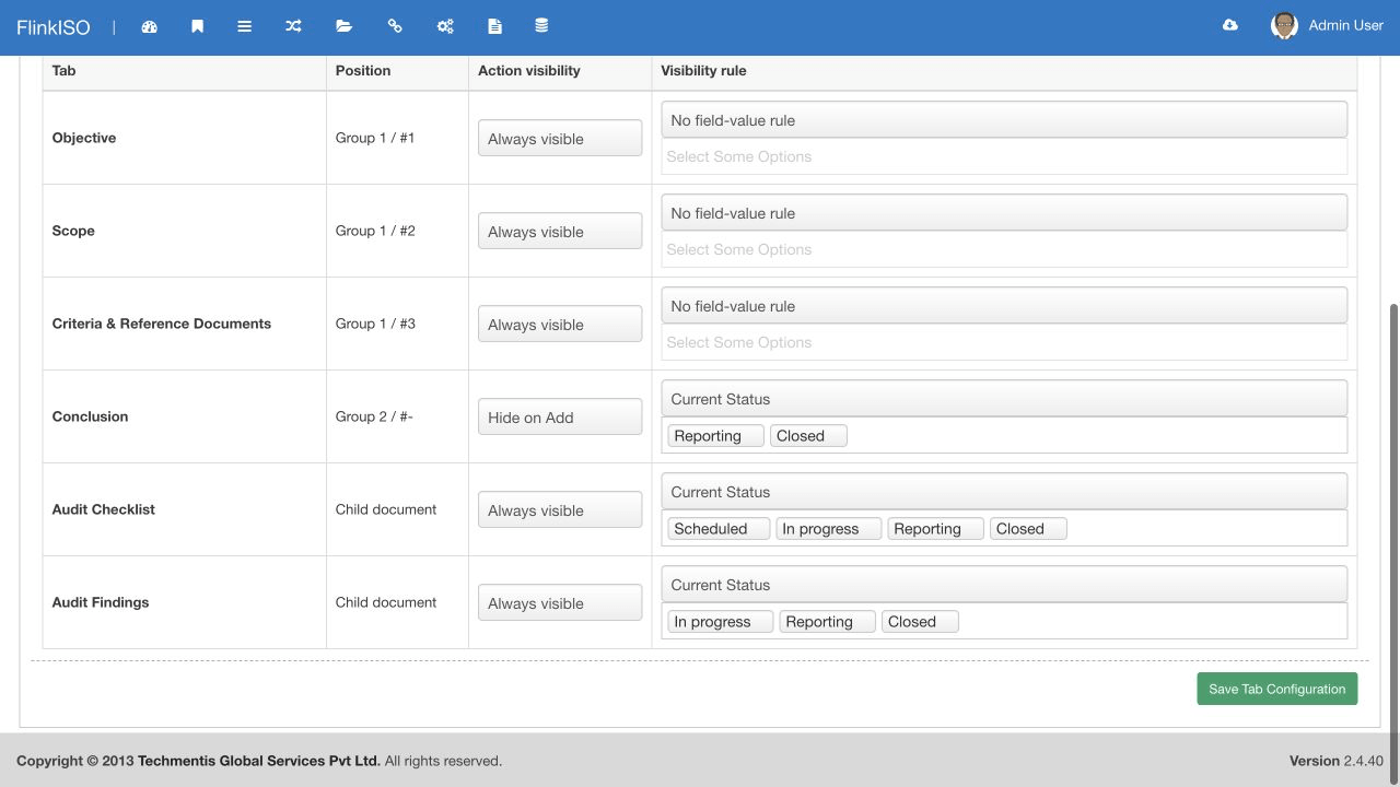 Auditmodul Tab Konfiguration Aktuelles Audit-Modul Tab-Konfiguration mit bedingter Sichtbarkeit für Schlussfolgerungen, Audit-Checkliste und Audit-Ergebnisse